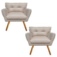 Kit 02 Poltronas Linho Fino Bege A27 Pés Palito Castanho - 10