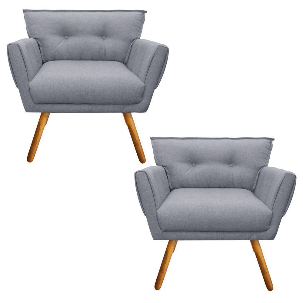 Kit 02 Poltronas Linho Cinza A26 Pés Palito Castanho D´rossi - 7