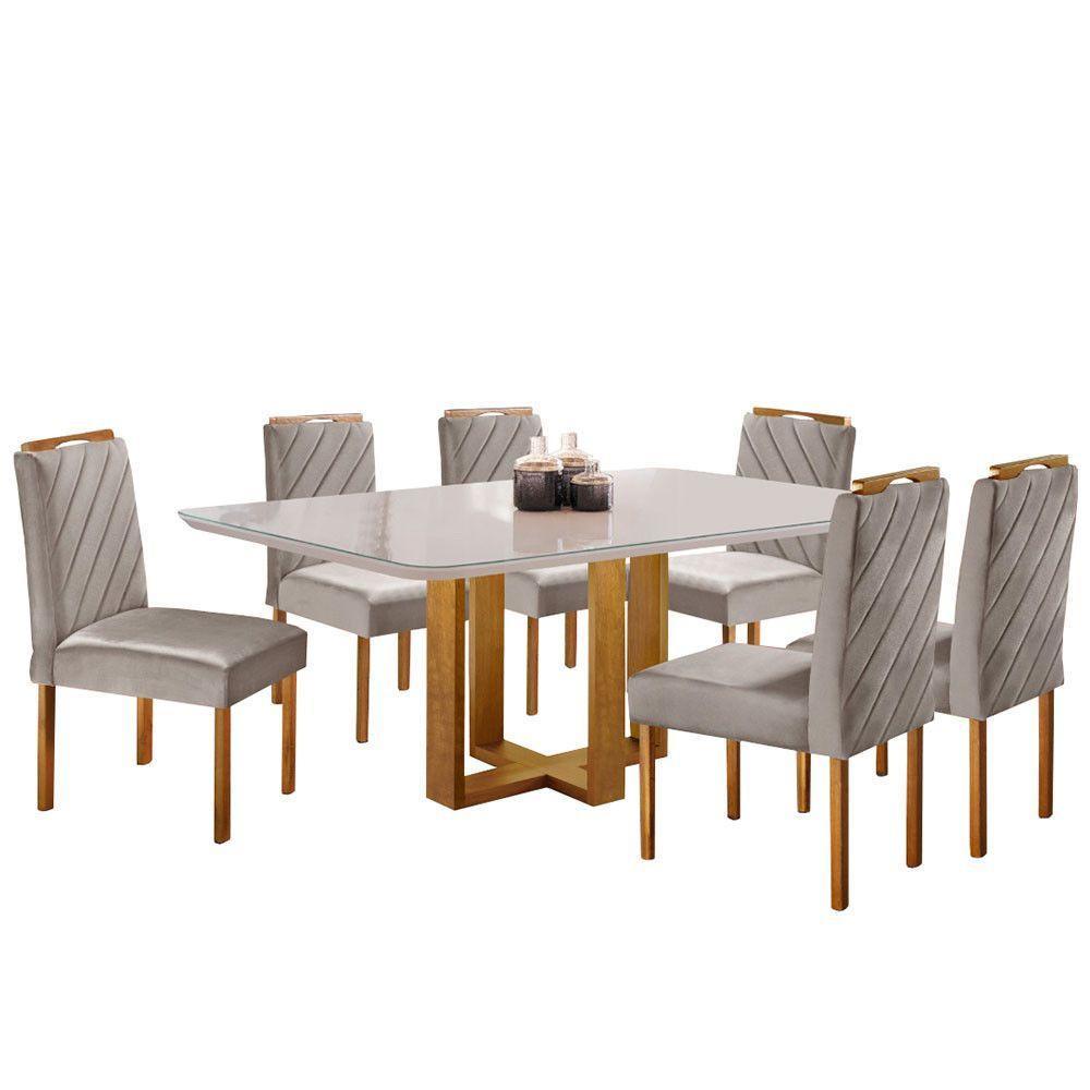 Kit Sala De Jantar 6 Lugares Mesa Lisy E 6 Cadeiras Jade Veludo - Off White Com Marrom Acinzentado - 5