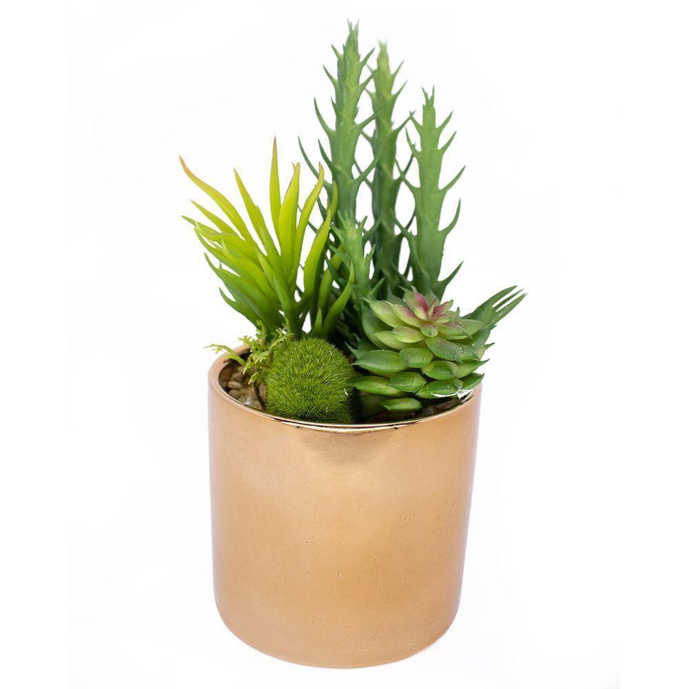 Vaso Decorativo Dourado Com Mix De Suculentas Artificiais 19x8 Cm F04 - D'rossi - 1