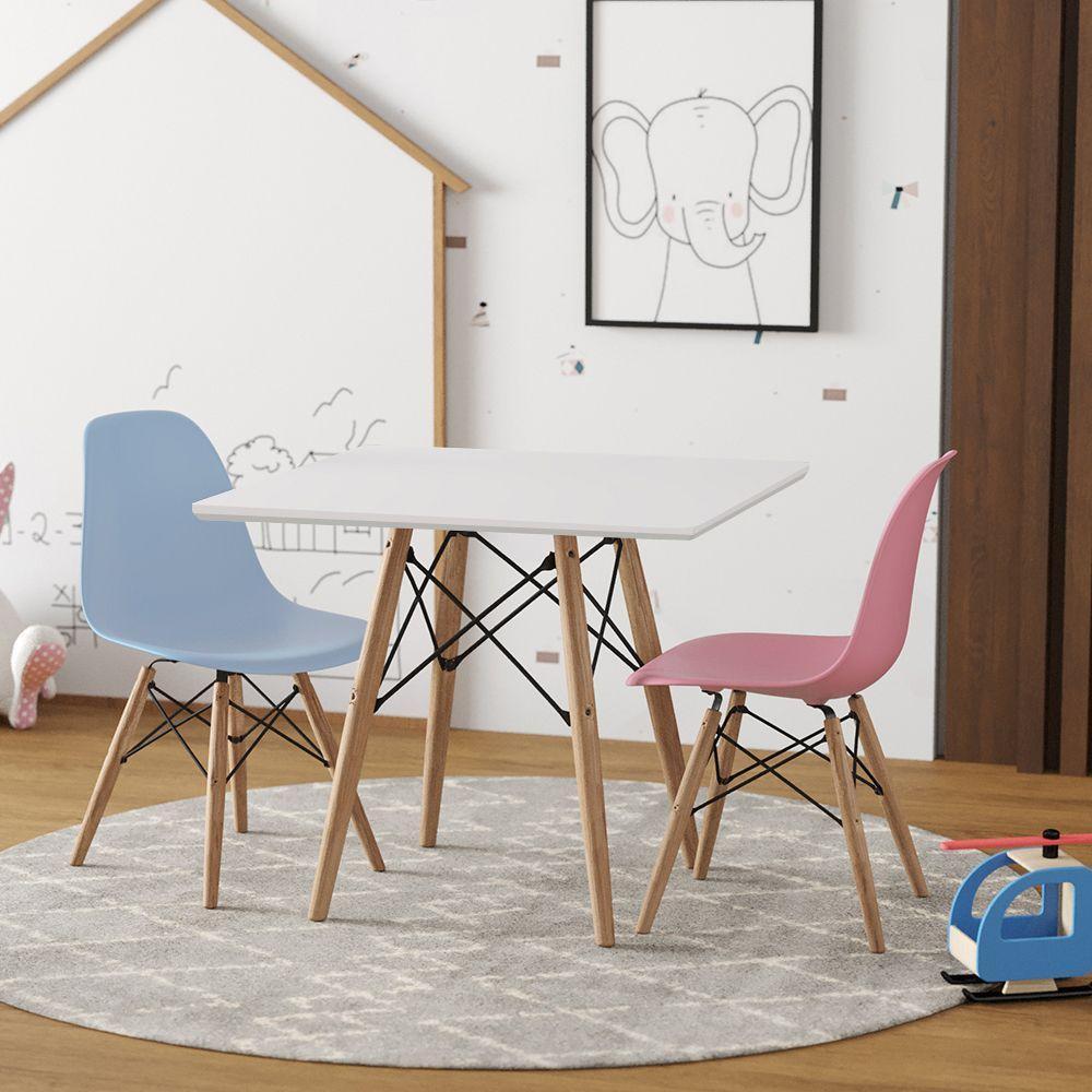 Conjunto De Mesa Madeira Infantil 68Cm Quadrado Branco 1 Cadeira Azul 1 Cadeira Rosa - 1