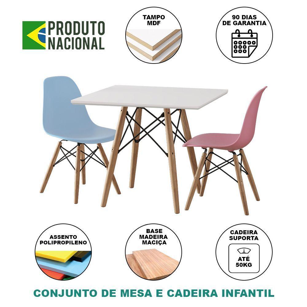 Conjunto De Mesa Madeira Infantil 68Cm Quadrado Branco 1 Cadeira Azul 1 Cadeira Rosa - 5