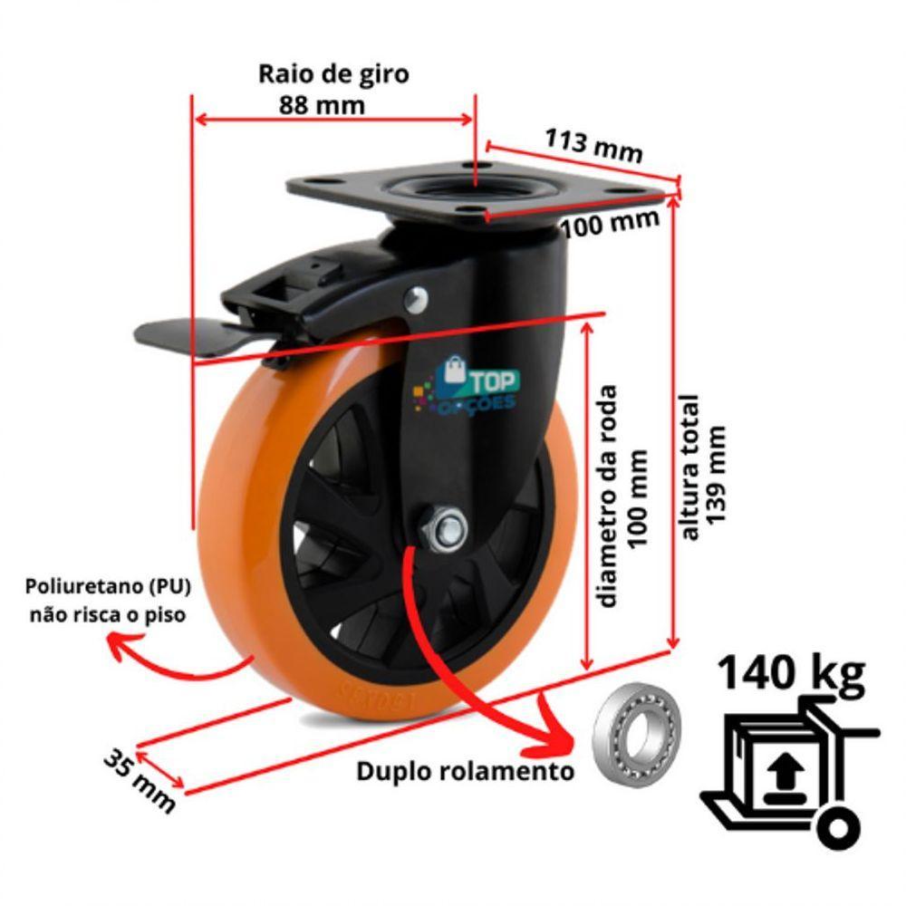 Rodizio Giratório 4 Pol. Placa C/ Freio Rolamento - 3