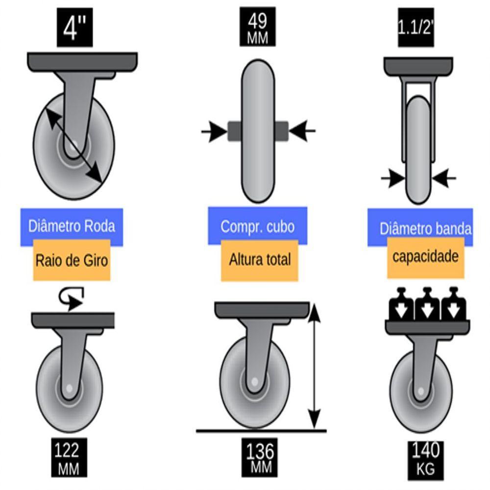 Rodizio Giratório 4 Pol. Placa C/ Freio Rolamento - 5