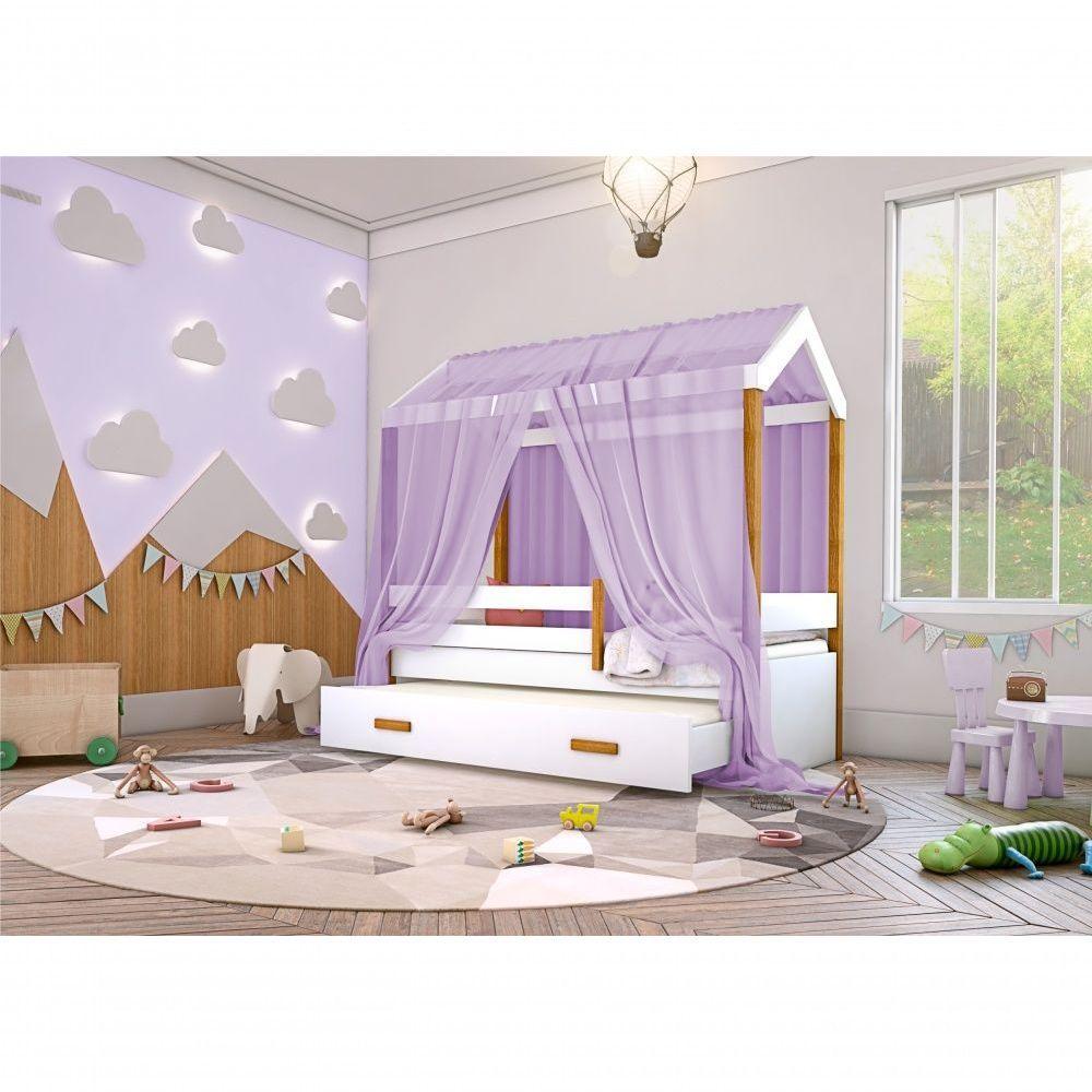 Cama Montessori Cabana Com Auxiliar Colchão E Dossel Lilás - 2