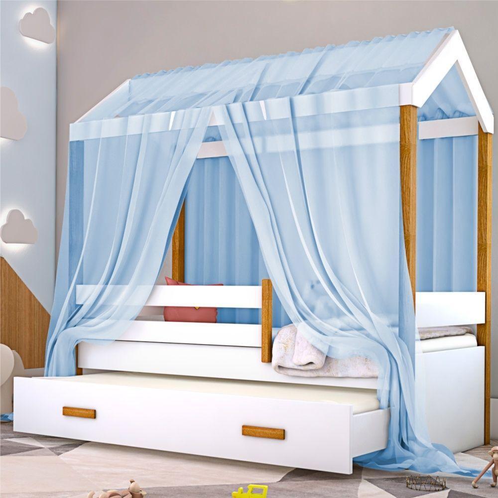 Cama Montessori Cabana Com Auxiliar Colchão E Dossel Azul - 1