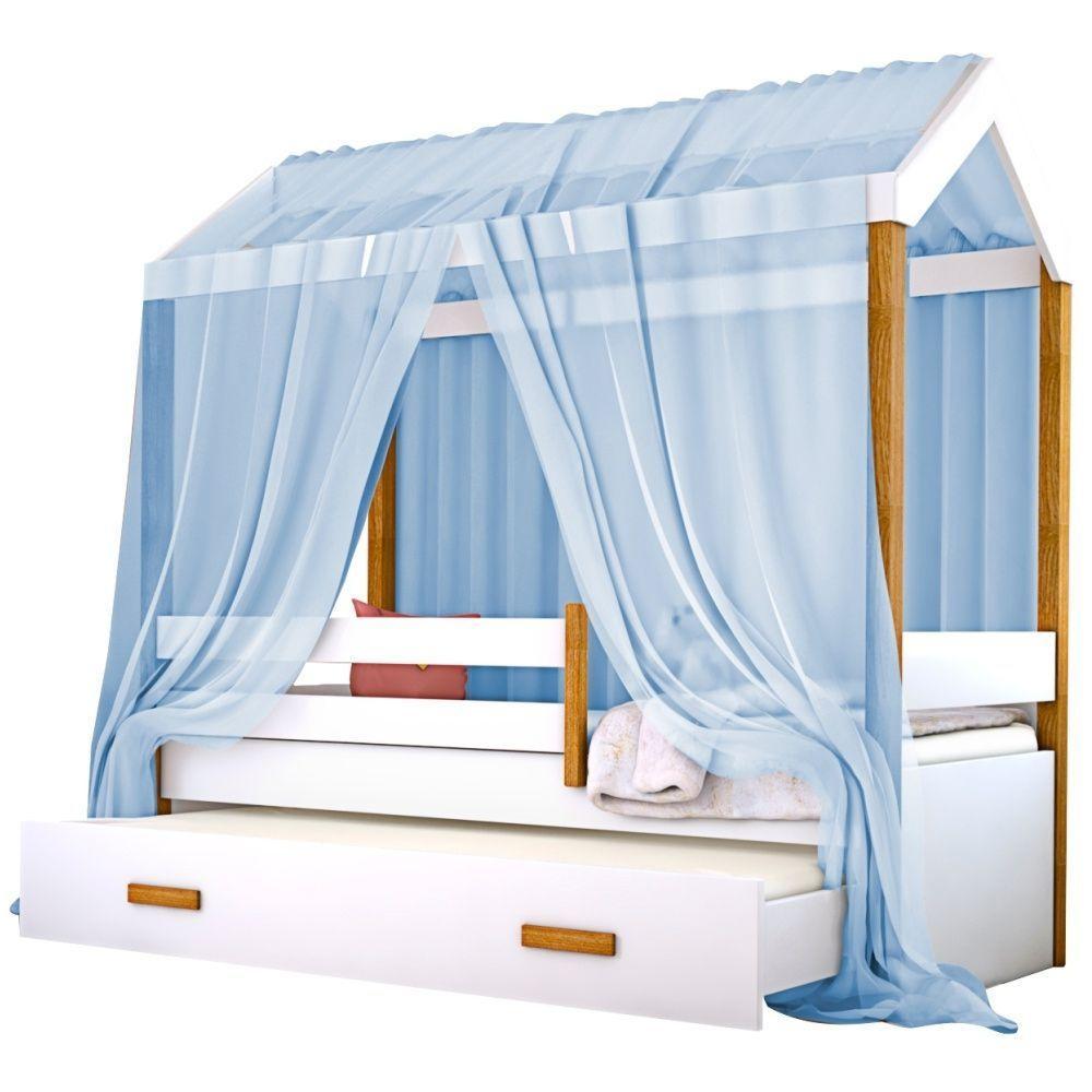 Cama Montessori Cabana Com Auxiliar Colchão E Dossel Azul - 3