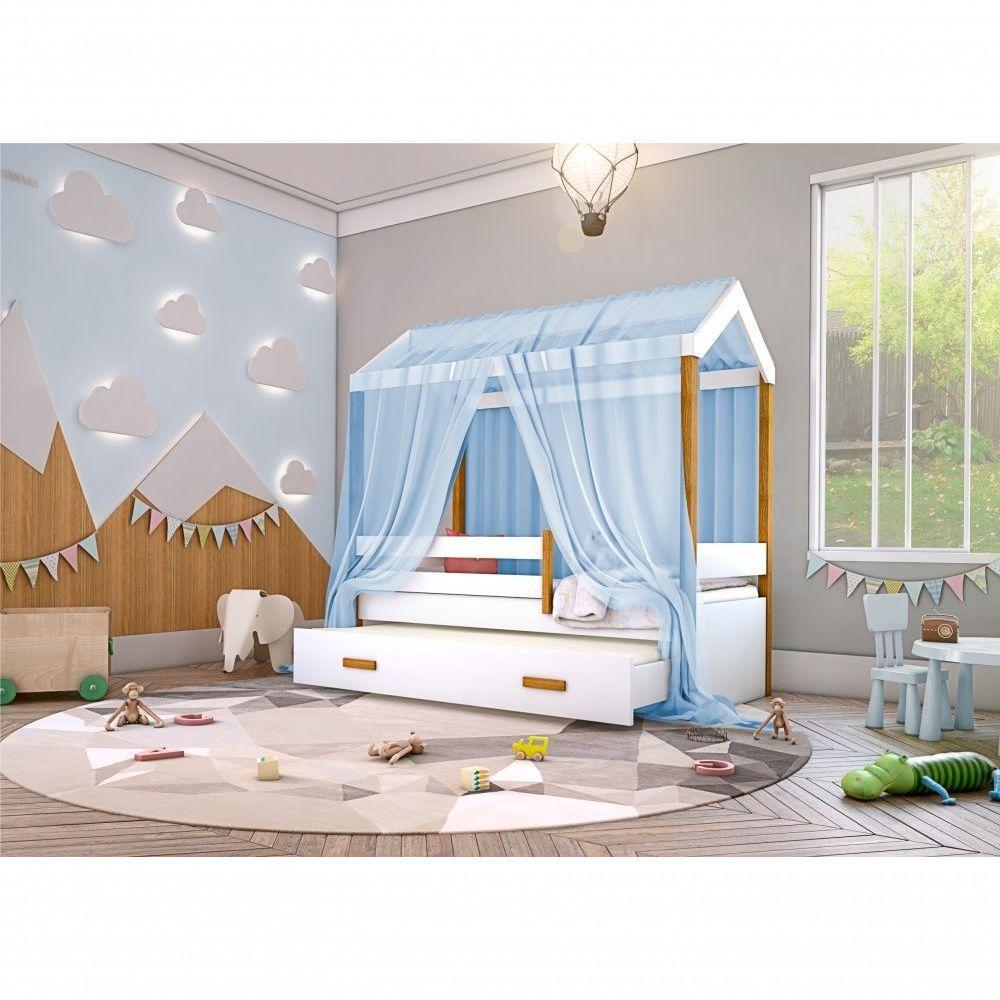 Cama Montessori Cabana Com Auxiliar Colchão E Dossel Azul - 4
