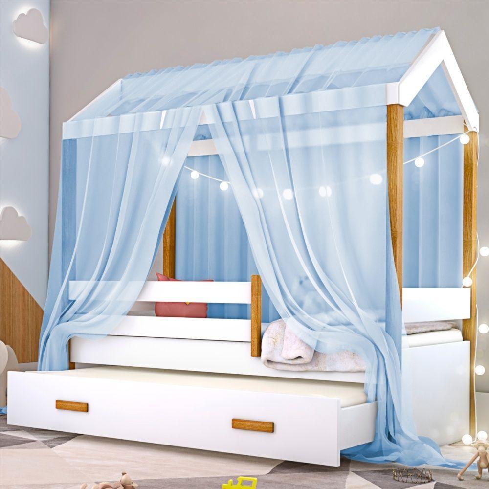 Cama Montessori Cabana Com Auxiliar Cordão Led E Dossel Azul - 4