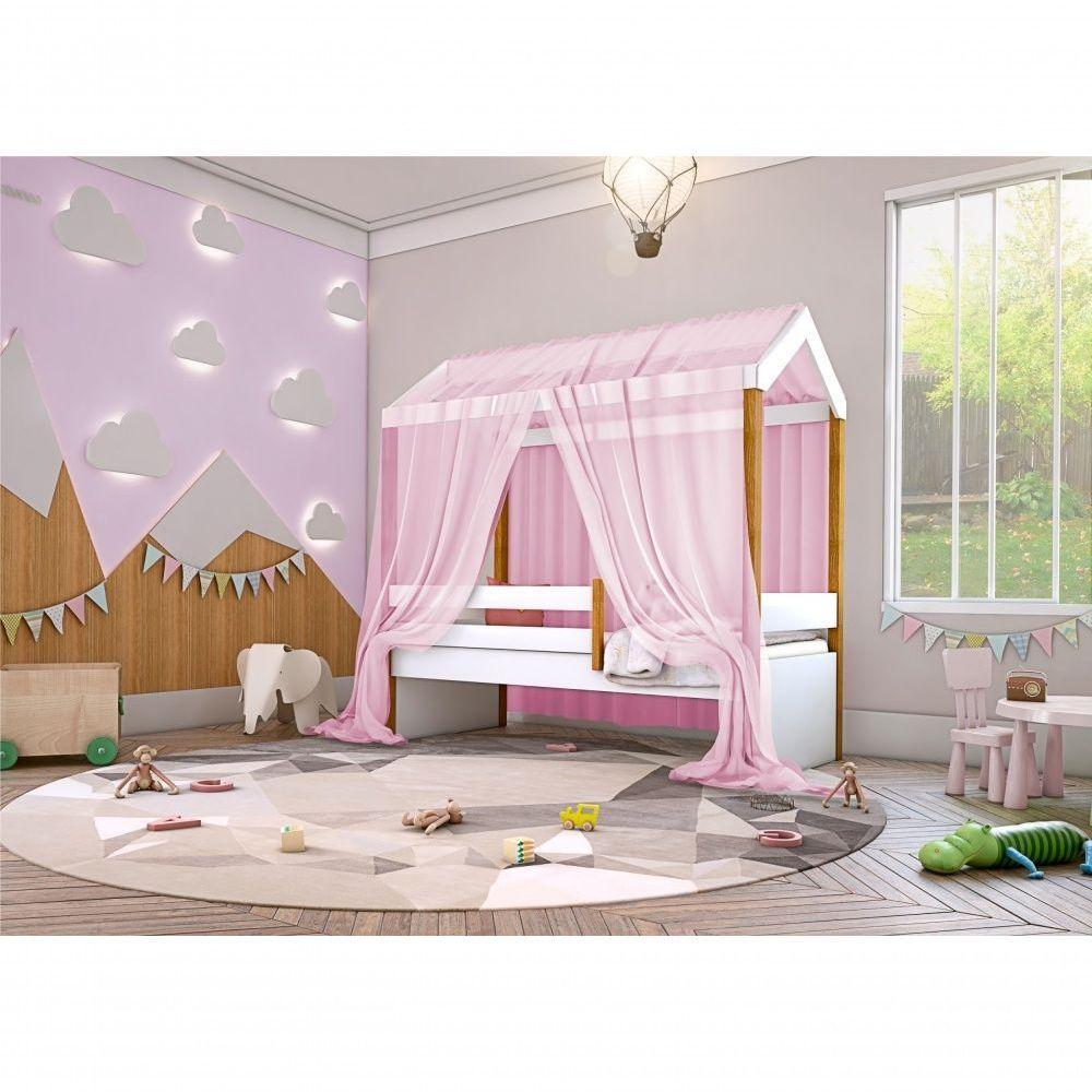 Cama Montessori Cabana Solteiro Com Colchão E Dossel Rosa - 3