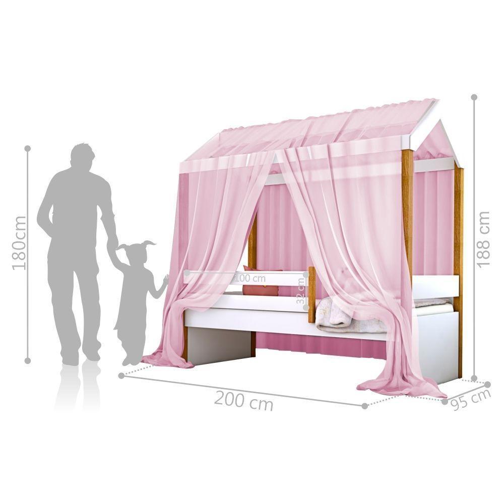 Cama Montessori Cabana Solteiro Com Colchão E Dossel Rosa - 4