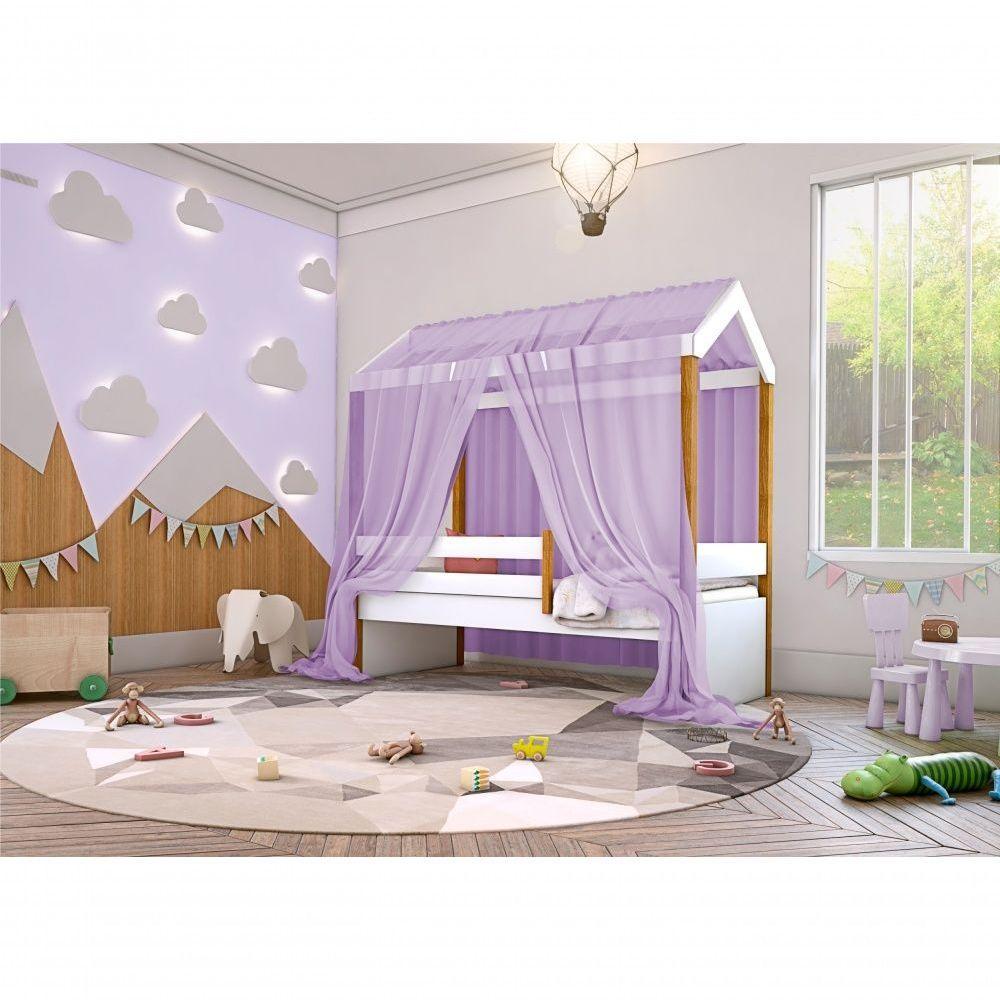 Cama Montessori Cabana Solteiro Com Colchão E Dossel Lilás - 2