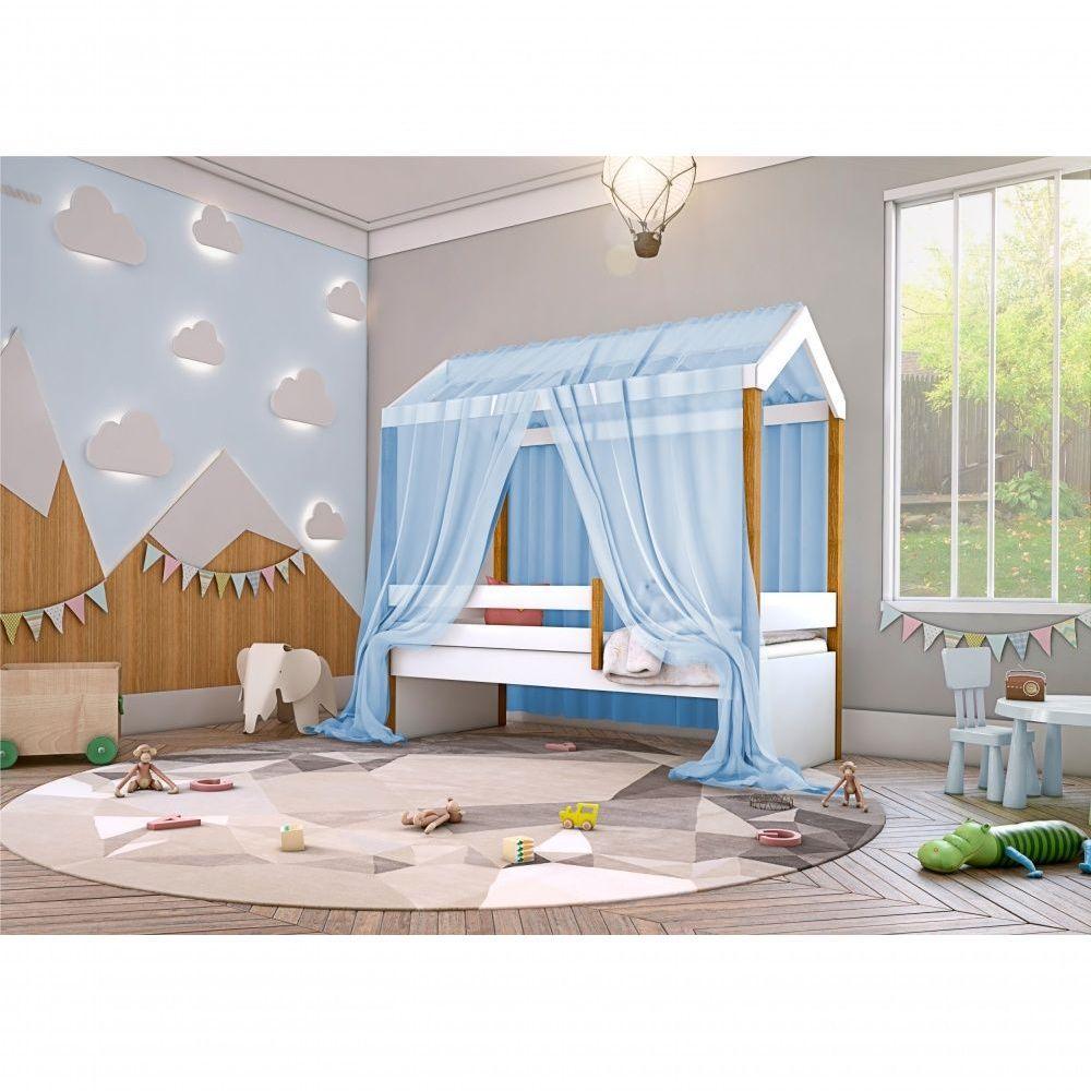 Cama Montessori Cabana Solterio Com Dossel Azul - 2