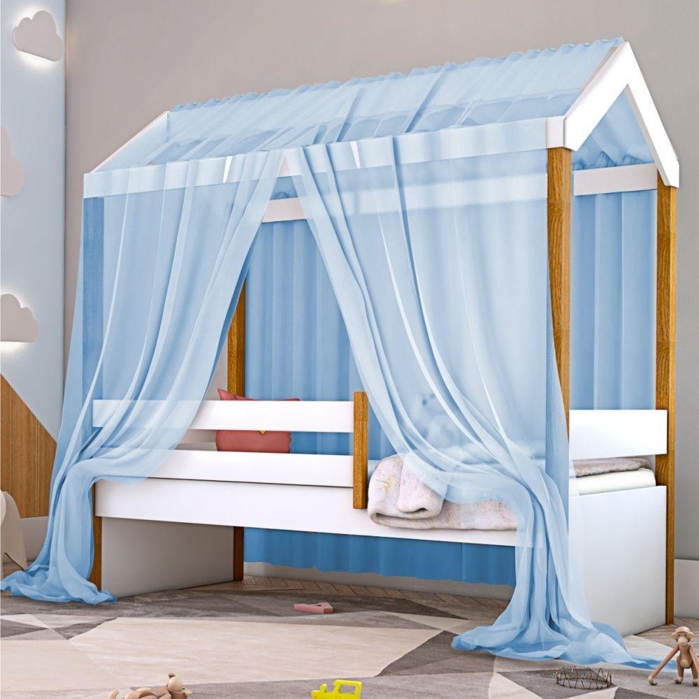 Cama Montessori Cabana Solterio Com Dossel Azul - 4