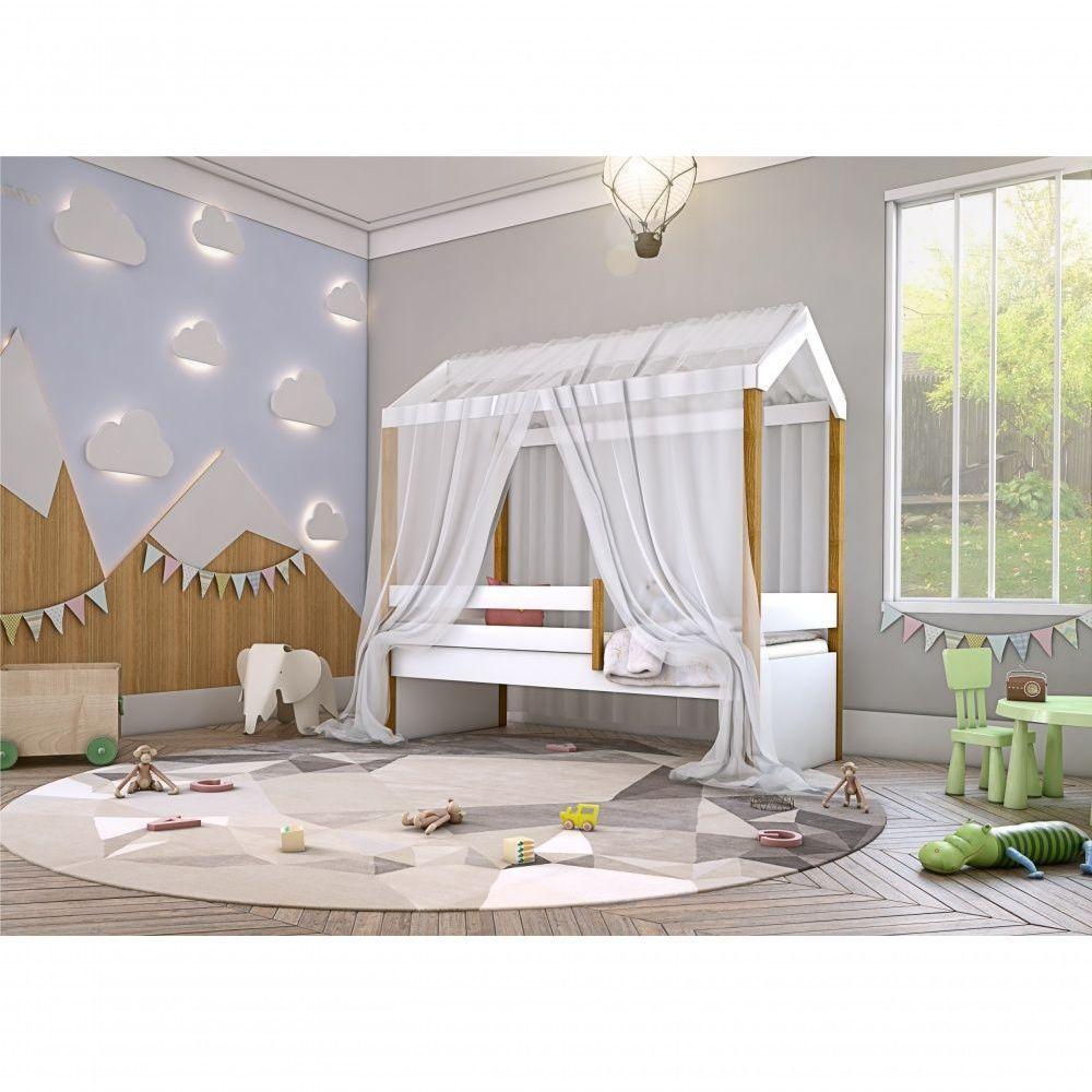 Cama Montessori Cabana Solteiro Com Colchão E Dossel Branco - 2