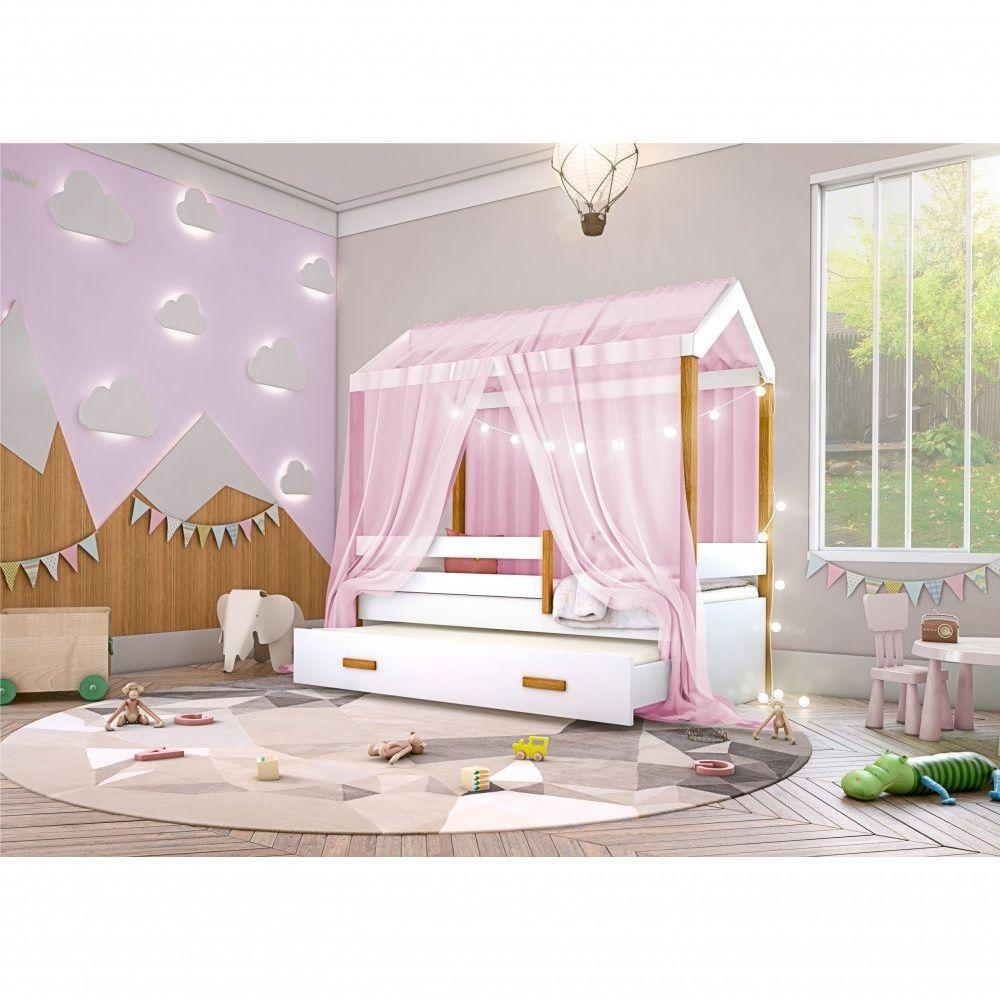 Cama Montessori Com Auxiliar Bola Led Colchão E Dossel Rosa - 2