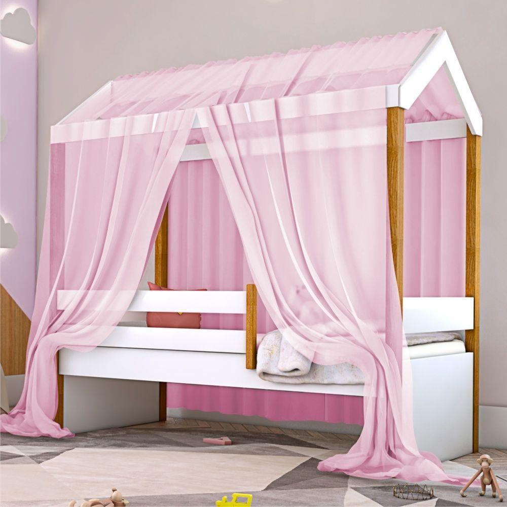 Cama Montessori Cabana Solteiro Com Dossel Rosa - 4