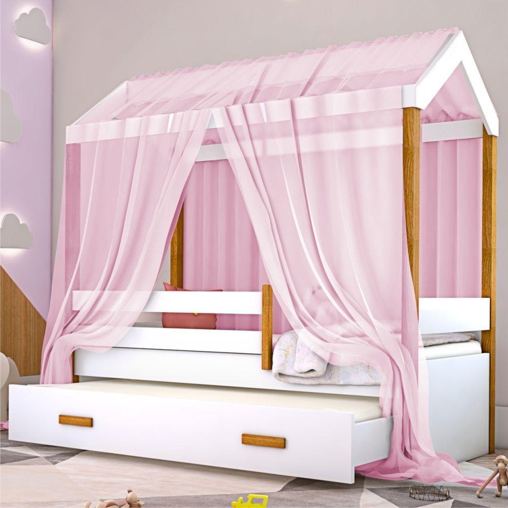 Cama Montessori Cabana Com Auxiliar Colchão E Dossel Rosa - 1