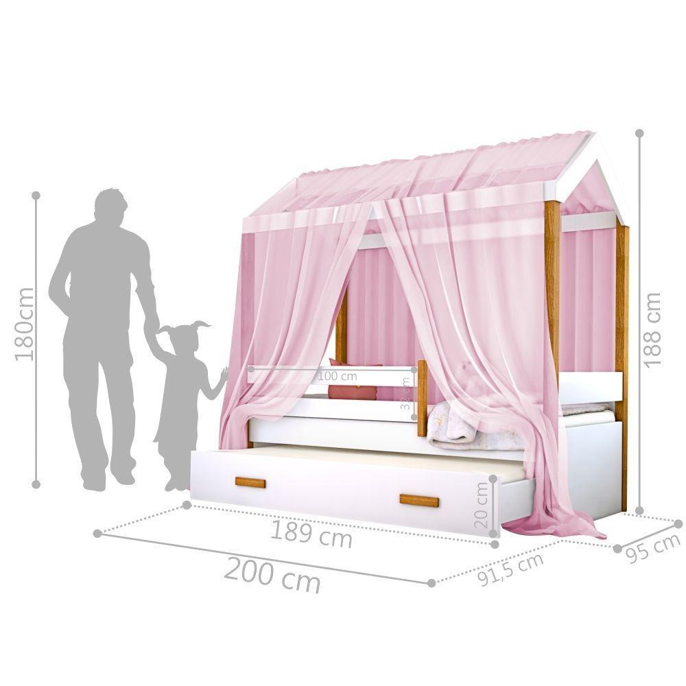 Cama Montessori Cabana Com Auxiliar Colchão E Dossel Rosa - 5