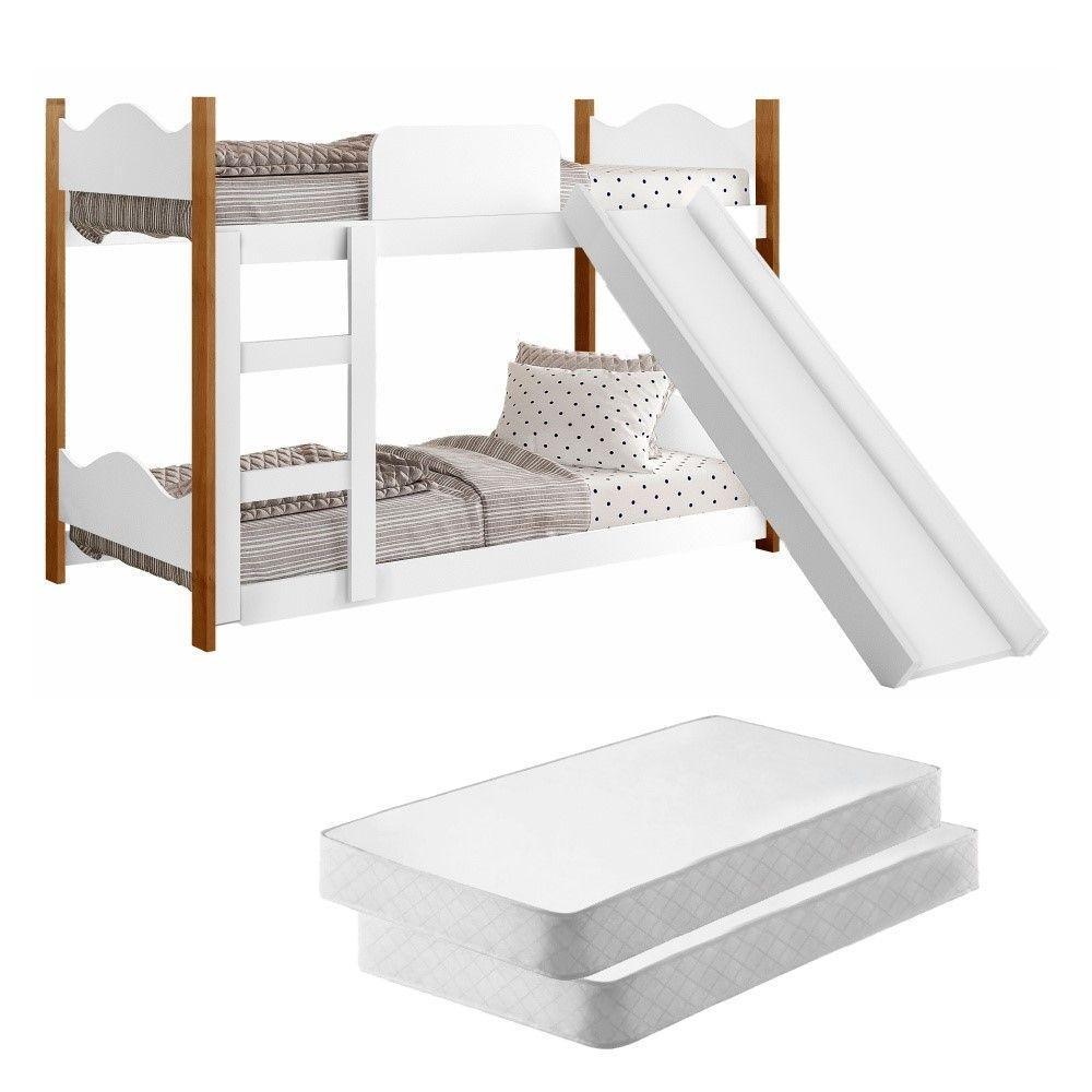 Mini Beliche Infantil Branco Com Escorregador E Colchões - 1
