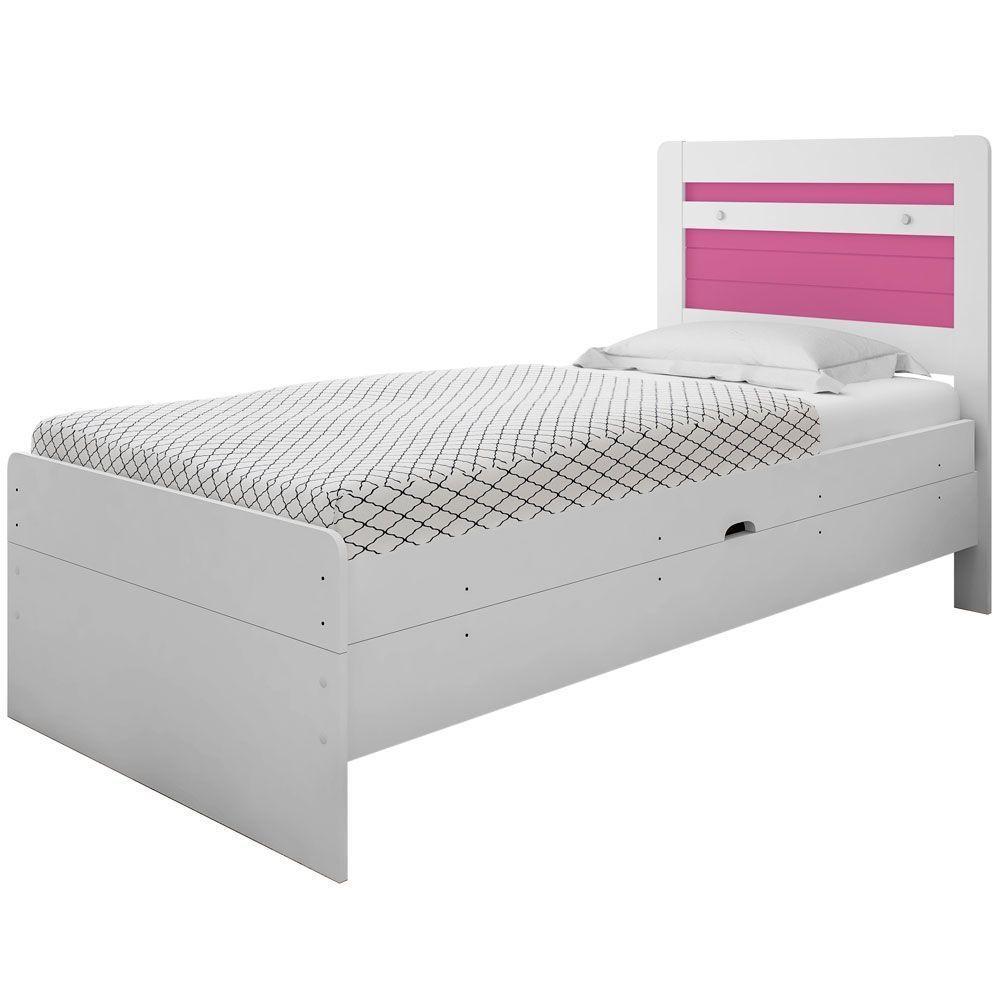 Cama Baú Solteiro Larissa Branco E Rosa Com Colchão - 3
