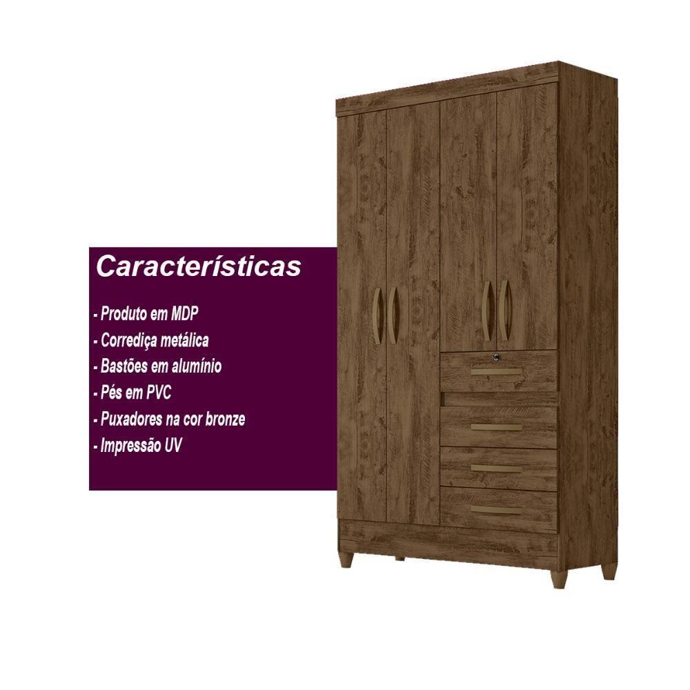 Guarda Roupa Solteiro 4 Portas 4 Gavetas Castanho - 3