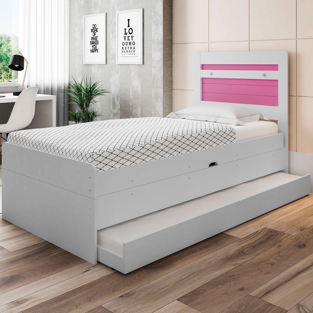 Cama Baú Solteiro Larissa Branco E Rosa Com Aux. E Colchões - 1