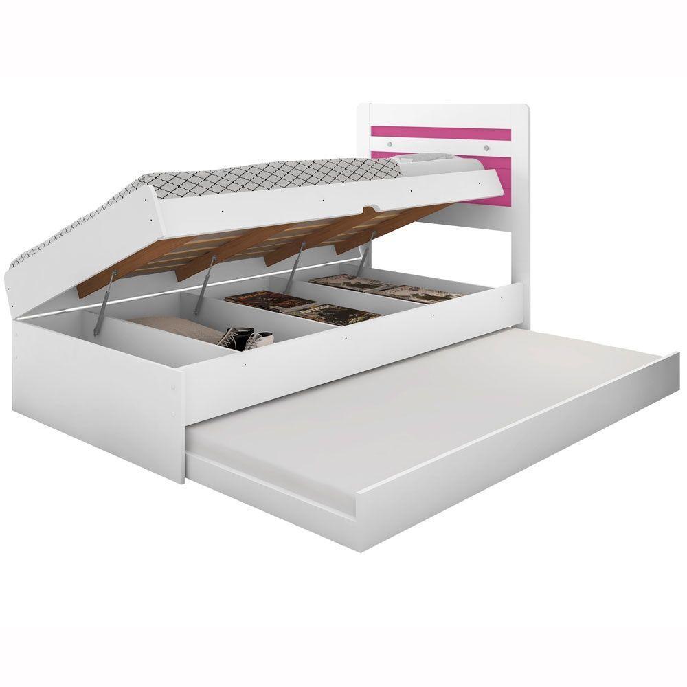 Cama Baú Solteiro Larissa Branco E Rosa Com Aux. E Colchões - 2