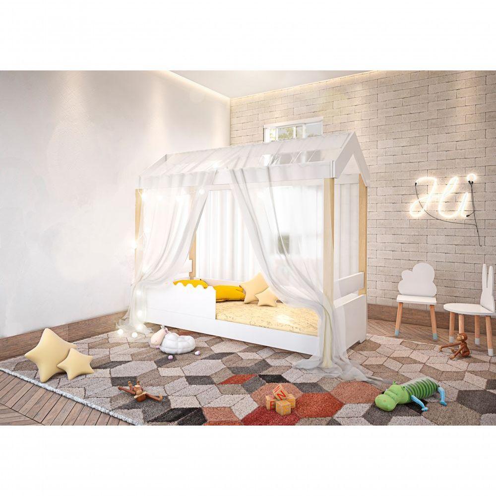 Cama Jéssica Solteiro Branco Voal Branco Com Colchão E Led - 2