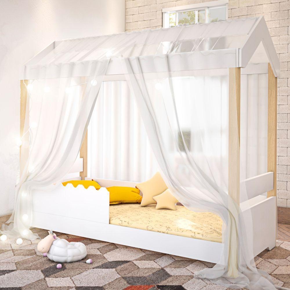 Cama Jéssica Solteiro Branco Com Voal Branco E Led - 1