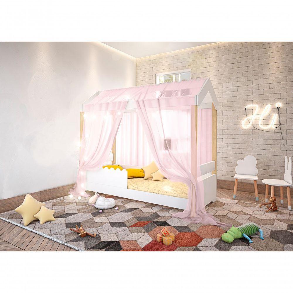 Cama Jéssica Solteiro Branco Voal Rosa Com Colchão E Led - 2