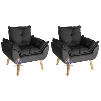Kit 2 Poltronas Decorativas Opala Suede Veludo Light Preto SMF Decor