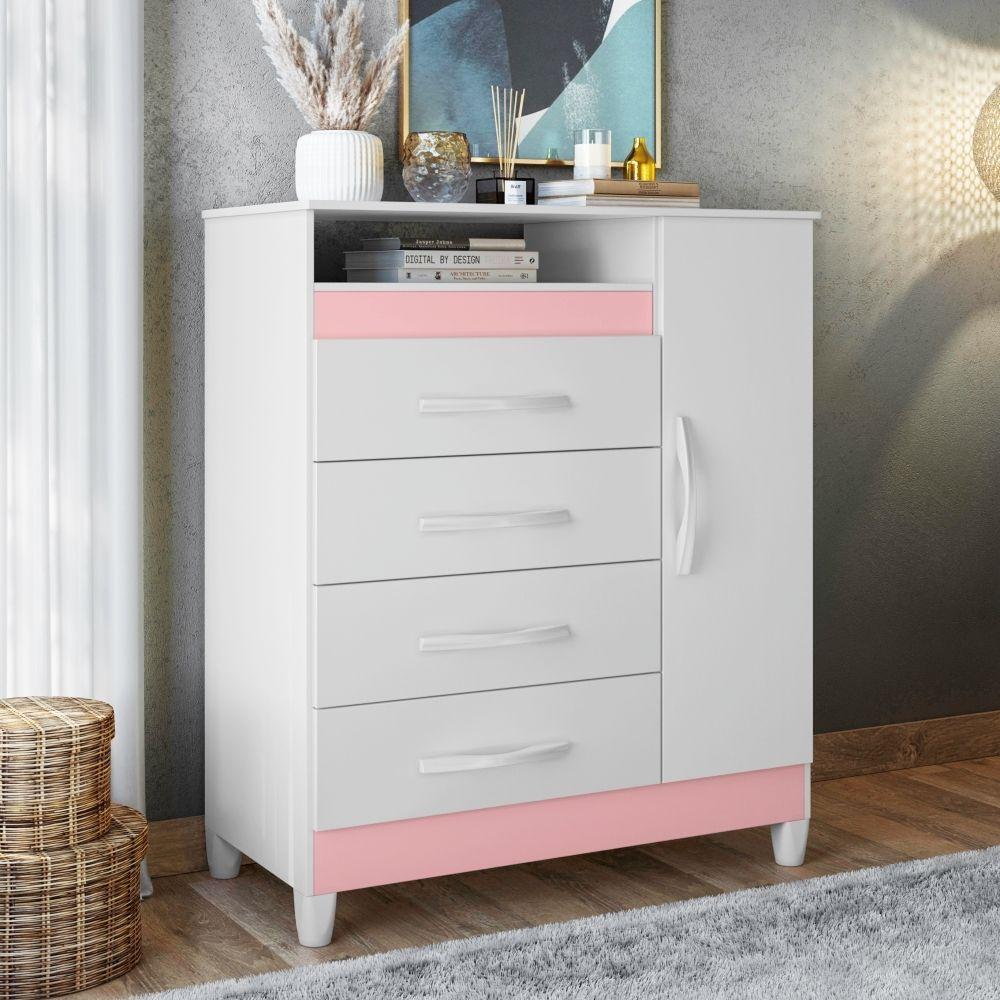 Cômoda Reyna Branco/Titanium Azul Rosa 4 Gavetas - 9