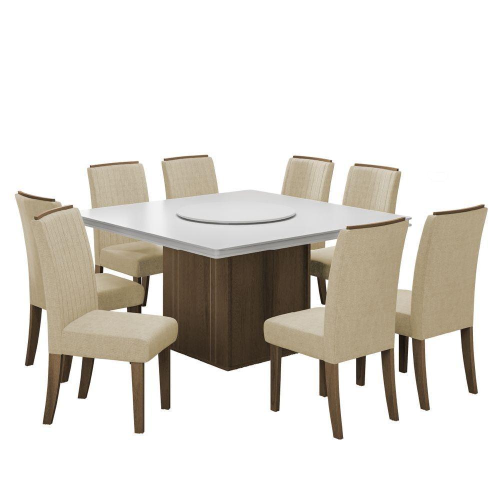 Conjunto De Mesa Sala De Jantar Com Tampo Giratório Amesterdã 1,36m 8 Cadeiras Grécia Cedro / Off White / Bege - 1
