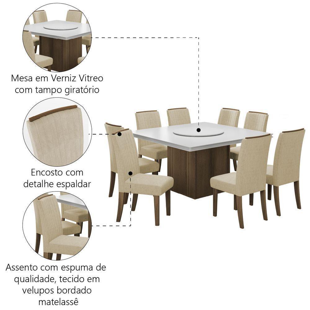 Conjunto De Mesa Sala De Jantar Com Tampo Giratório Amesterdã 1,36m 8 Cadeiras Grécia Cedro / Off White / Bege - 4