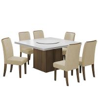 Conjunto De Mesa Sala De Jantar Com Tampo Giratório Amesterdã 1,36m 6 Cadeiras Grécia Cedro/Off White/Bege - 1