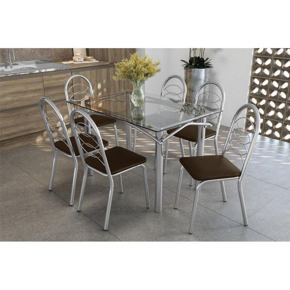Conjunto: Mesa Sala Jantar Elba c/ Tampo Vidro 120cm + 6 Cadeiras Holanda Cromado/Courano Marrom - Kappesberg - 1