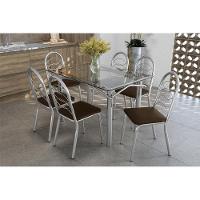 Conjunto: Mesa Sala Jantar Elba c/ Tampo Vidro 120cm + 6 Cadeiras Holanda Cromado/Courano Marrom - Kappesberg - 1