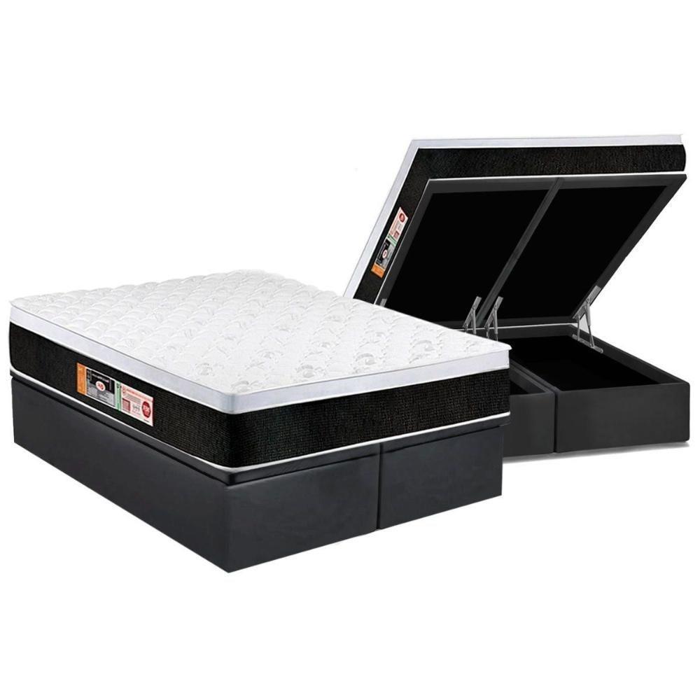 Cama Box Baú Queen: Colchão Espuma D45 Castor Black e White Air Euro Pillow + Base CRC Suede Gray(158x198) - 1