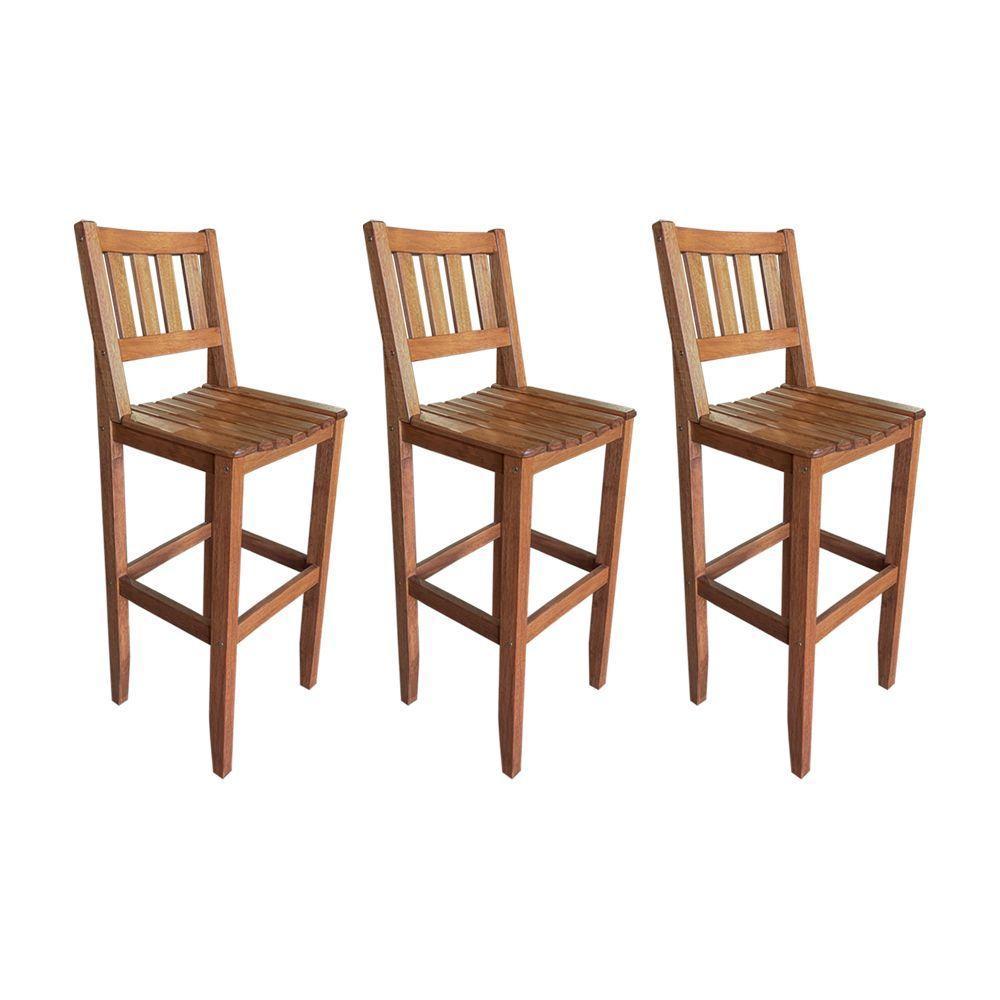 Kit Com 3 Banquetas Alta Confort Com Encosto Madeira Maciça Malbec - Cor: Marrom - 1