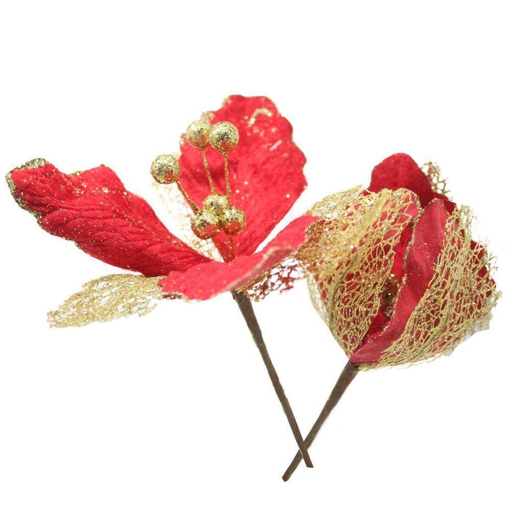 Kit 6 Flores Com Cabo Artificial Decoração De Natal Com Glitter 27cm - 2