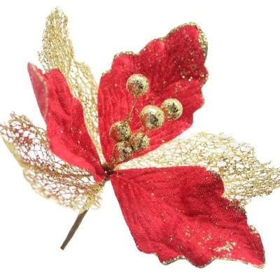 Kit 2 Flores Com Cabo Artificial Decoração De Natal Com Glitter 27cm