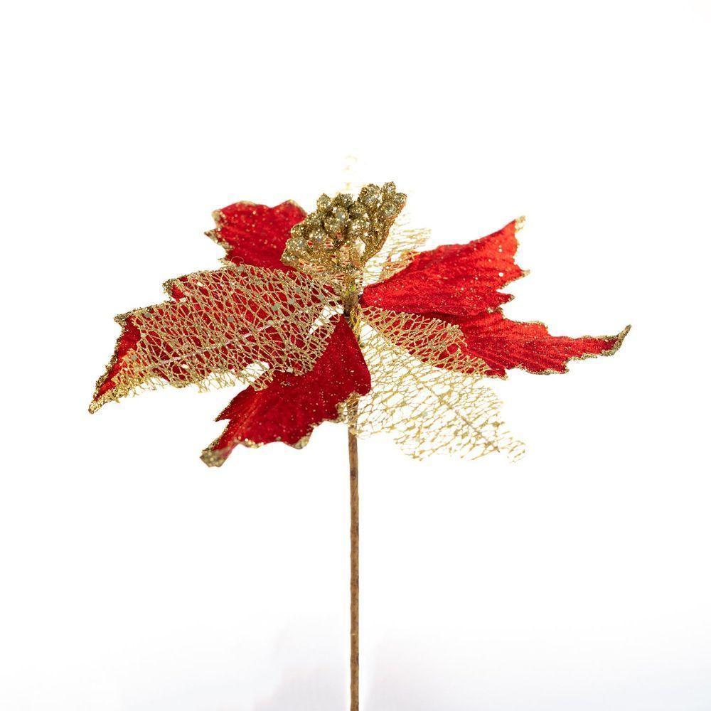 Flor Cabo Artificial Decoração De Natal Brilho Vermelha 24cm - 3