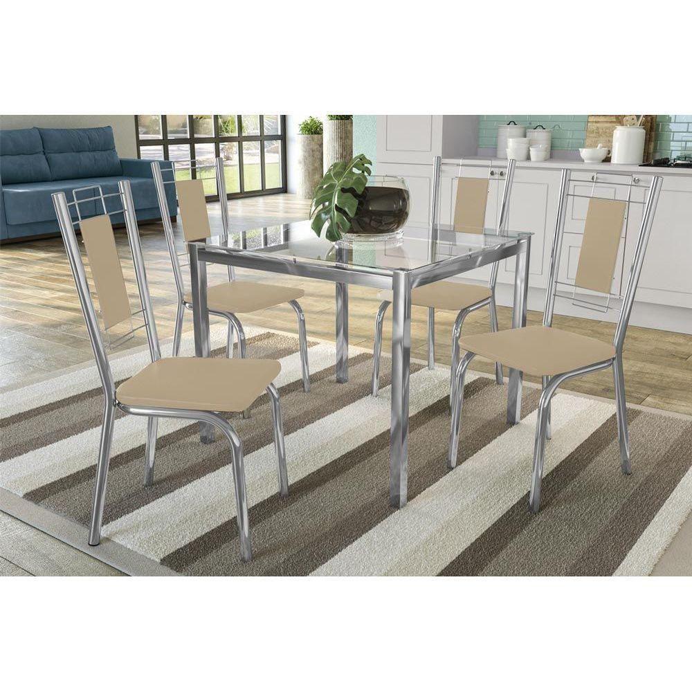 Conjunto: Mesa de Cozinha Reno c/ Tampo Vidro 90cm + 4 Cadeiras Florença Cromada/Nude - Kappesberg - 1