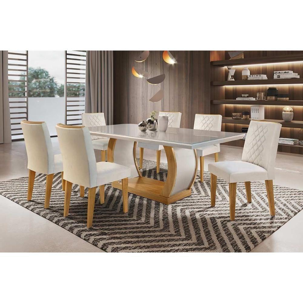 Sala de Jantar Completa Jade c/ Tampo Madeirado c/ Vidro Canto Curvo 180cm + 6 Cadeiras Jade Imbuia/Veludo Creme - Rufato - 1