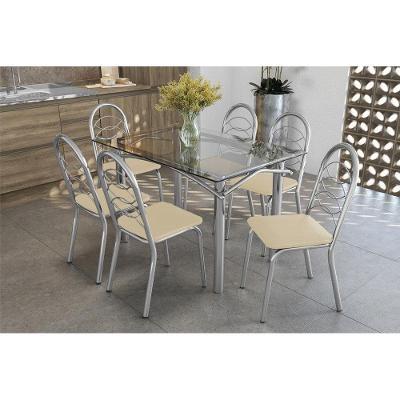 Conjunto: Mesa Sala Jantar Elba c/ Tampo Vidro 120cm + 6 Cadeiras Holanda Cromado/Courano Nude - Kappesberg