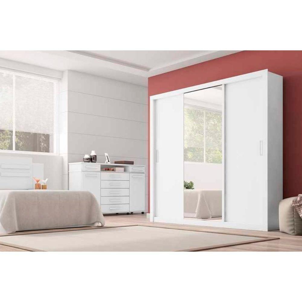 Guarda Roupa Casal 3 Portas de Correr e 2 Gavetas c/ Espelho Residence Amêndola/Off White - Demóbile - 4