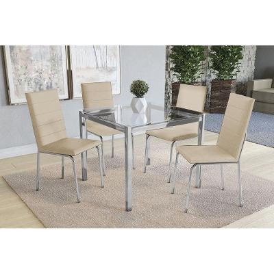 Conjunto: Mesa de Cozinha Reno c/ Tampo de Vidro 90cm + 4 Cadeiras Amsterdã Cromada/Nude - Kappesberg