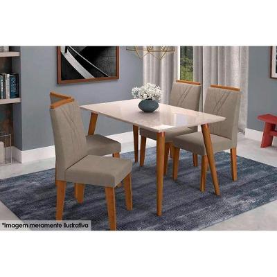 Conjunto: Mesa Sala Jantar Adele c/ Tampo Madeirado c/ Vidro 130cm + 4 Cadeiras Nicole Madeira/OW/Joli - Cimol