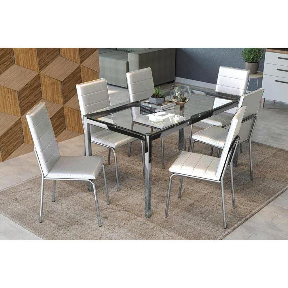 Conjunto: Mesa Sala Jantar Reno c/ Tampo Vidro 150cm + 6 Cadeiras Amsterdã Cromado/Courano Branco - Kappesberg - 1